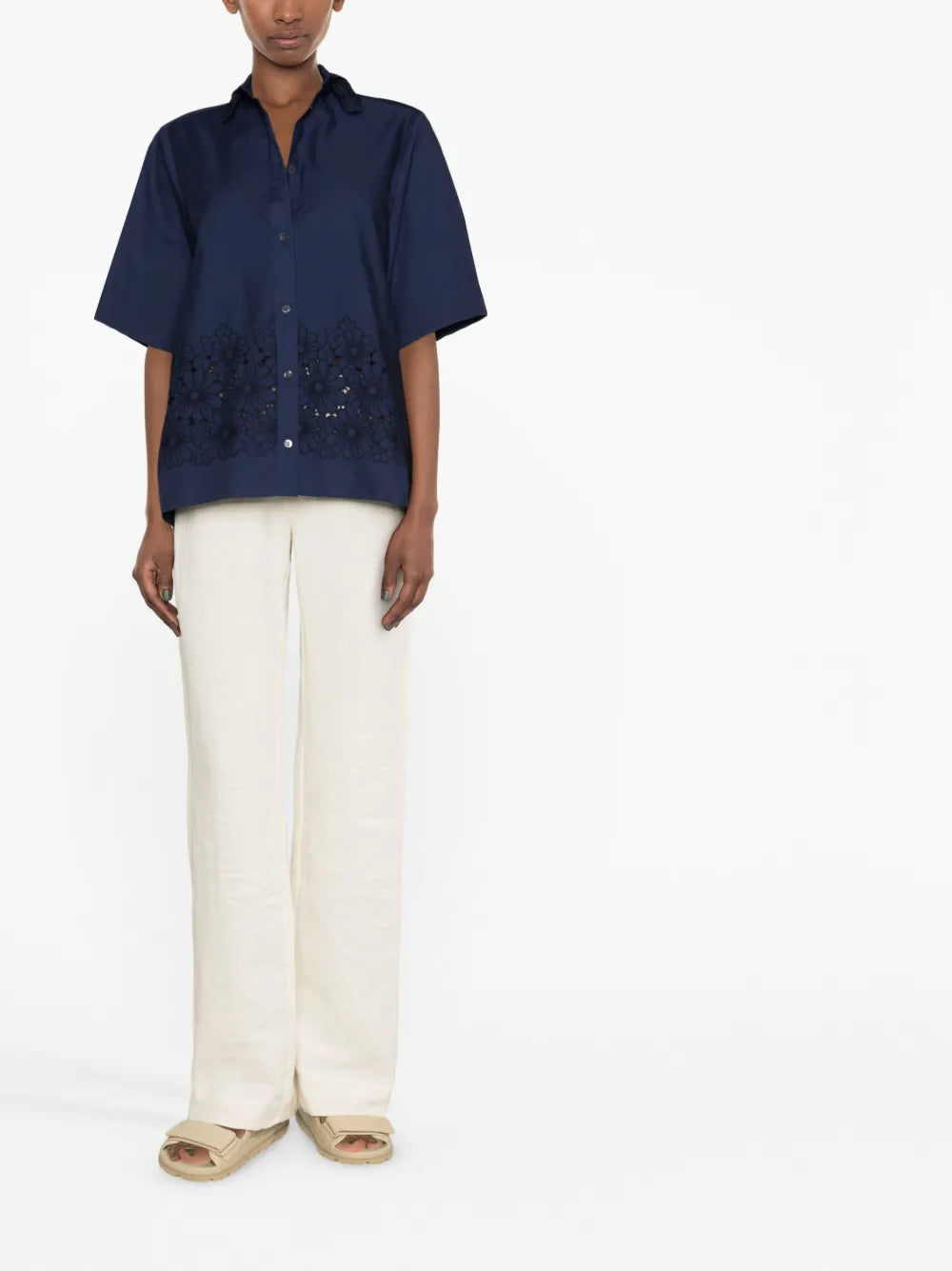Floral-Embroidered Short-Sleeve Shirt