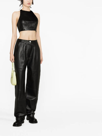 Pleated Leather Straight Trousers