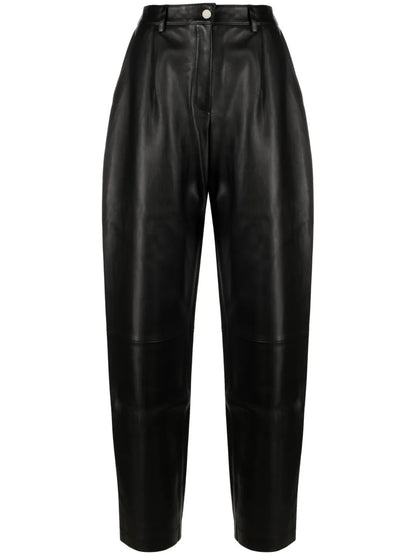 Pleated Leather Straight Trousers