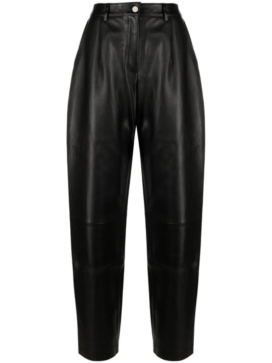 Pleated Leather Straight Trousers