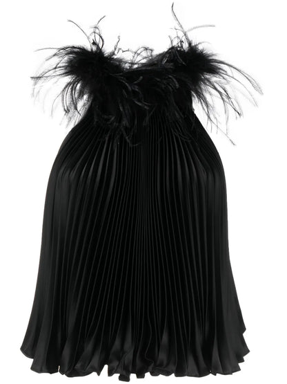 Feathered-Collar Pleated Top