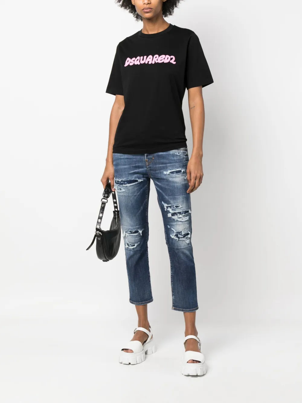 Distressed Logo-Patch Cropped Jeans