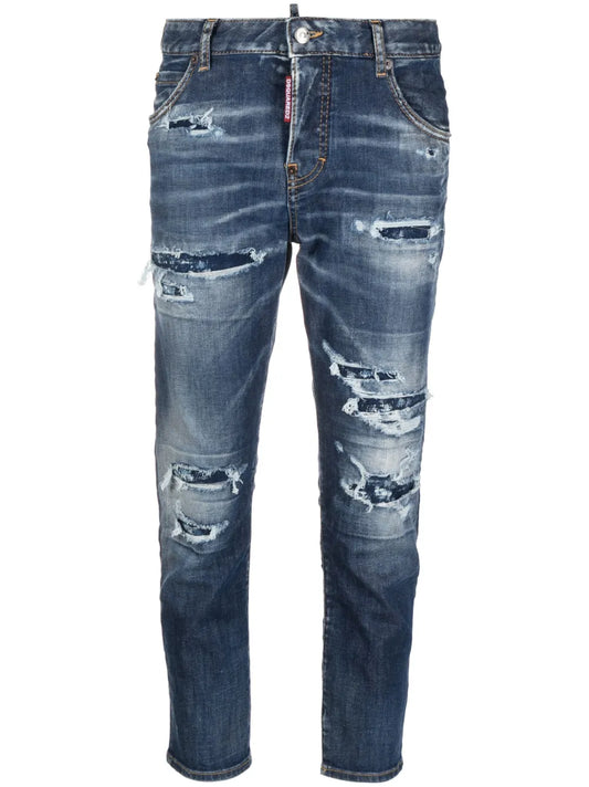 Distressed Logo-Patch Cropped Jeans