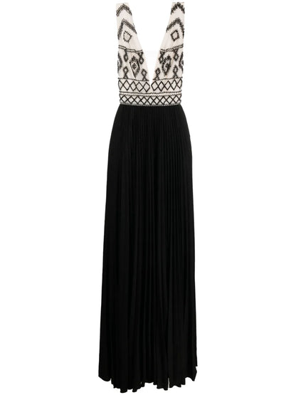 Rhombus-Embroidered V-Neck Gown