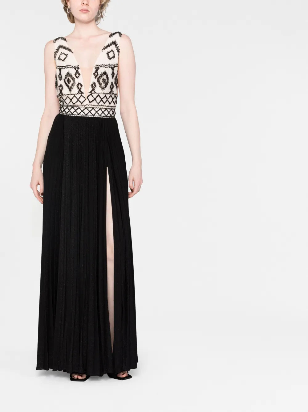 Rhombus-Embroidered V-Neck Gown