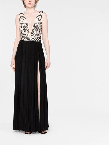 Rhombus-Embroidered V-Neck Gown