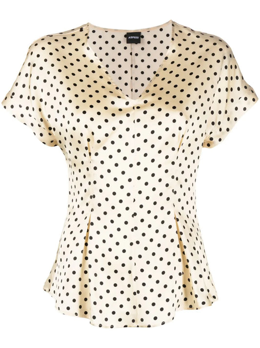 Polka-Dot Flared Silk Blouse
