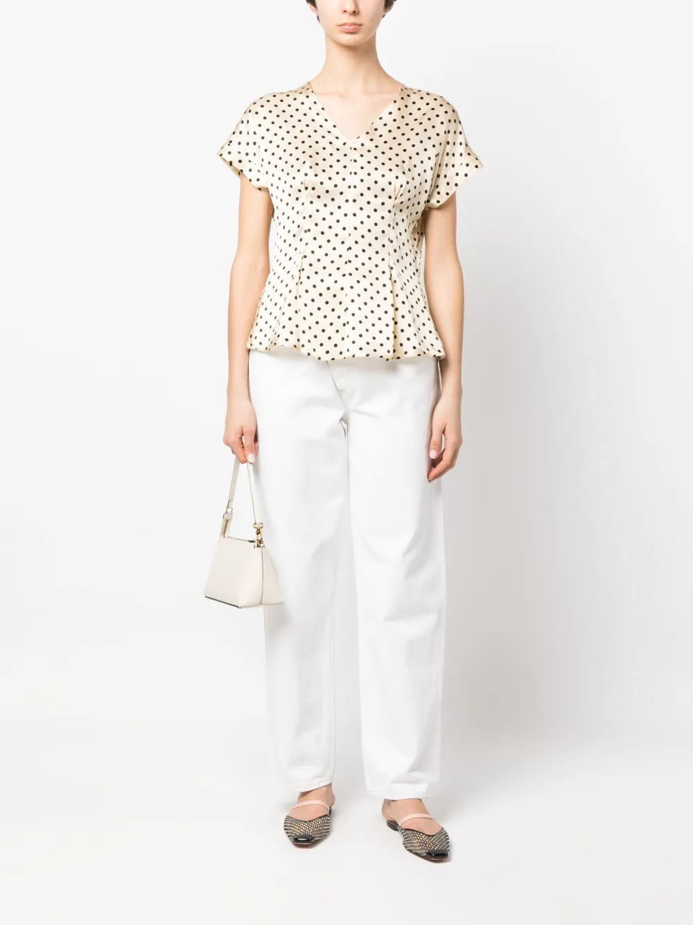 Polka-Dot Flared Silk Blouse