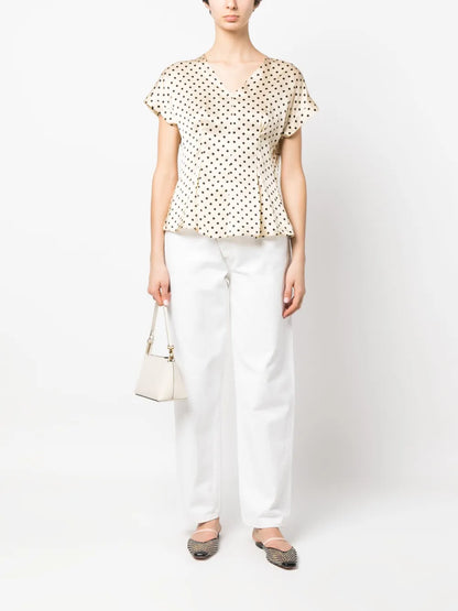 Polka-Dot Flared Silk Blouse