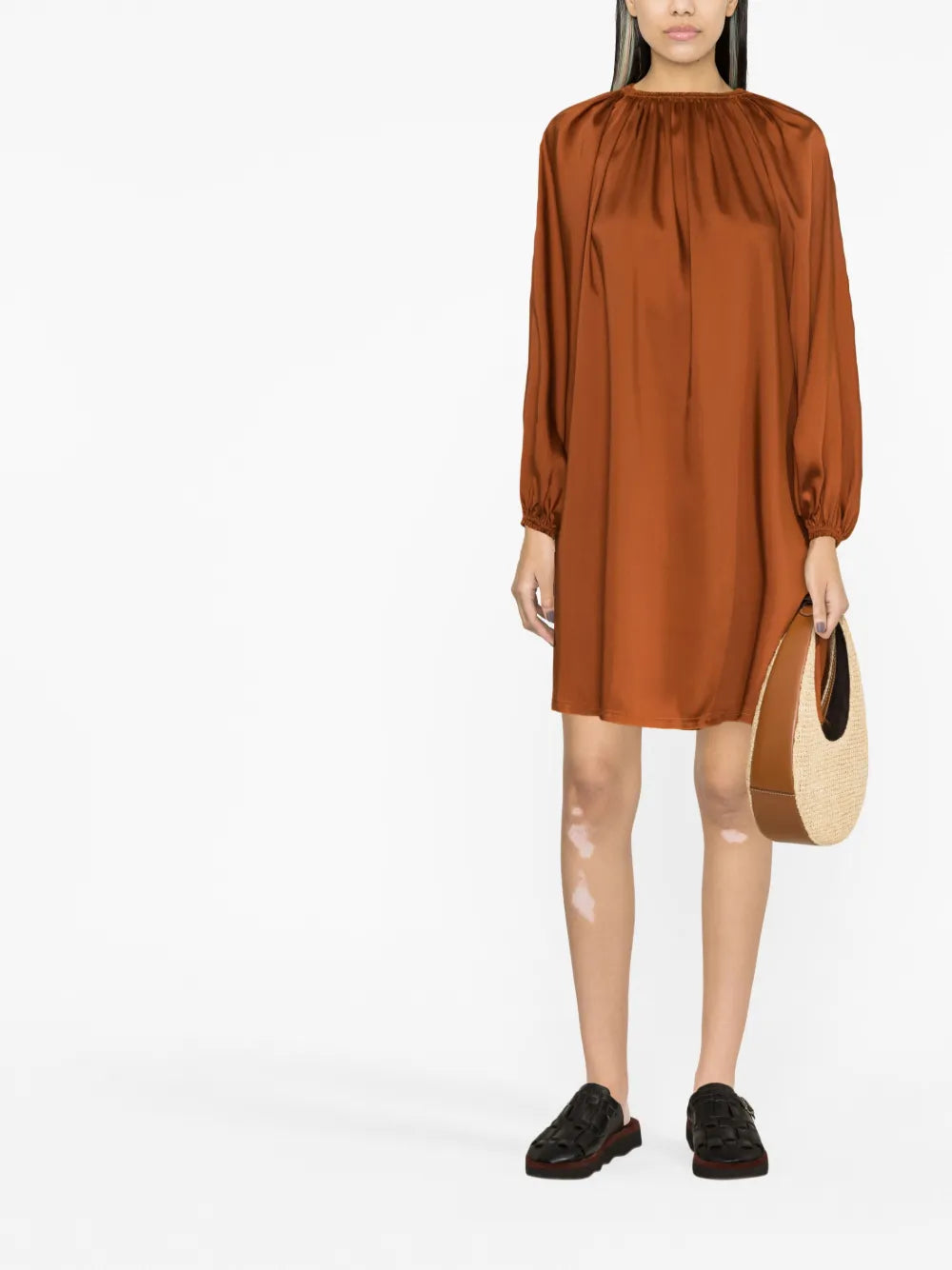 Gathered-Detail Long-Sleeve Dress