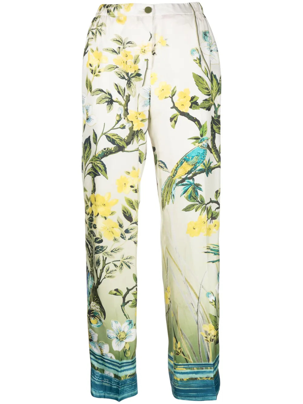 Floral-Print Press-Crease Silk Trousers