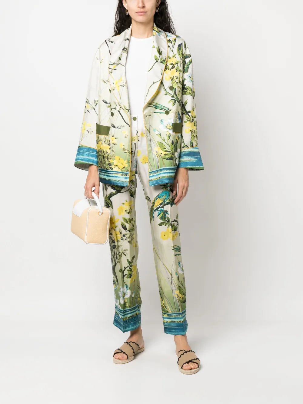 Floral-Print Press-Crease Silk Trousers