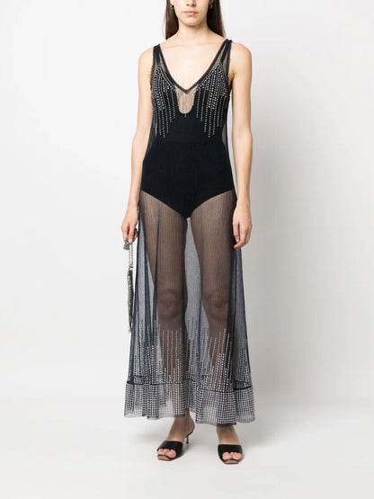 Stud-Detailed Sheer Long Dress