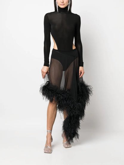 Miya Feather-Trimmed Asymmetric Skirt