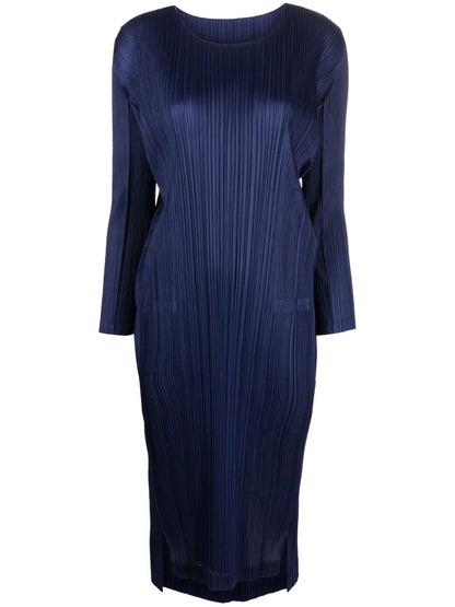 Pleated Long-Sleeve Midi Dress
