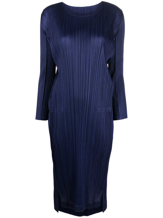 Pleated Long-Sleeve Midi Dress