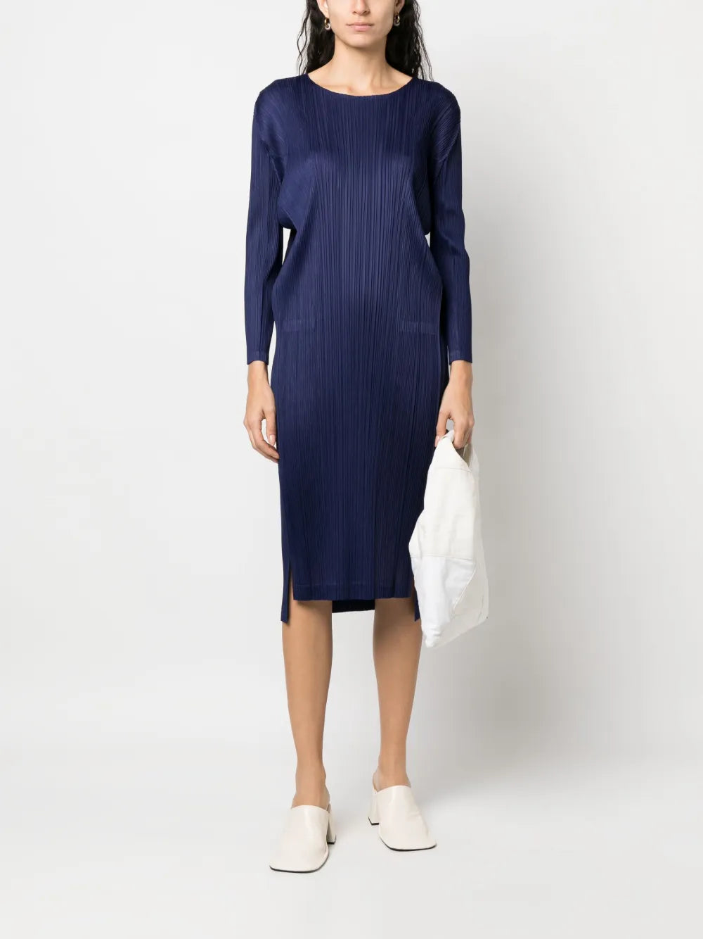 Pleated Long-Sleeve Midi Dress