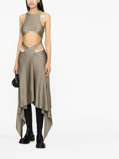 Draped-Hem Cut-Out Midi Dress