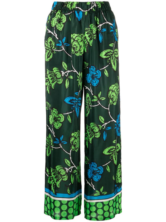 Floral-Print Silk Trousers
