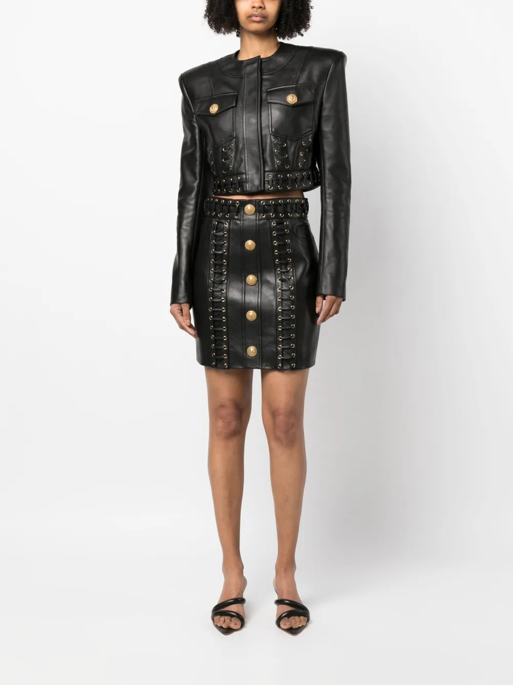 Eyelet-Embellished Cropped Leather Jacket