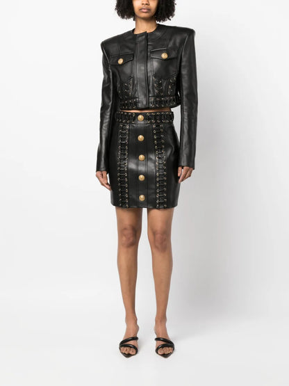 Eyelet-Embellished Cropped Leather Jacket