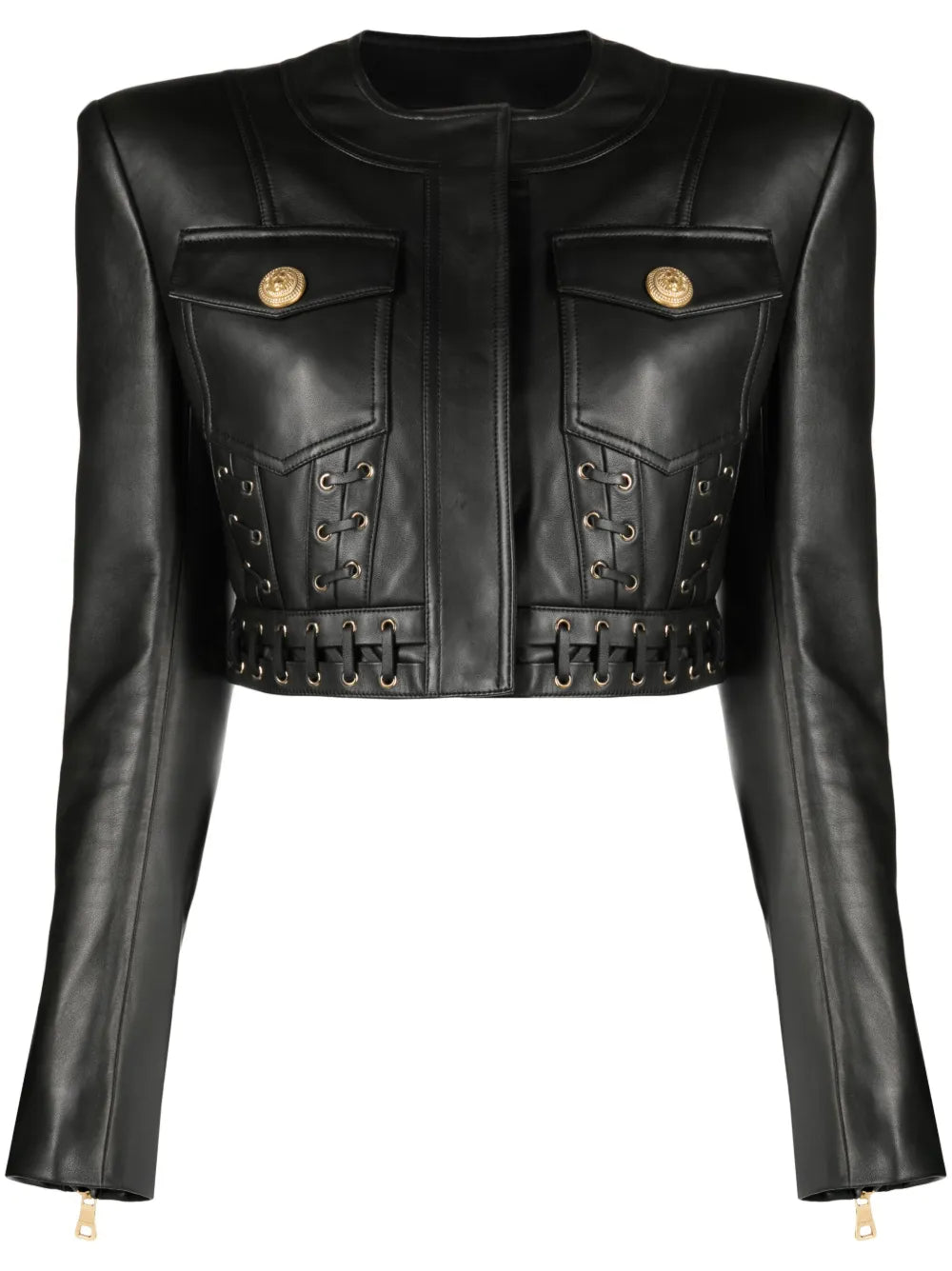 Eyelet-Embellished Cropped Leather Jacket