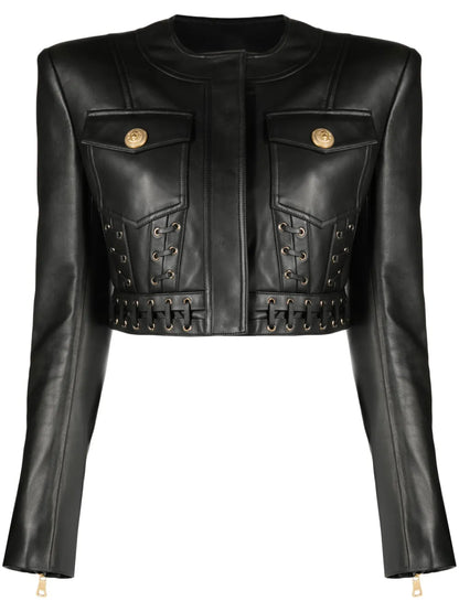 Eyelet-Embellished Cropped Leather Jacket