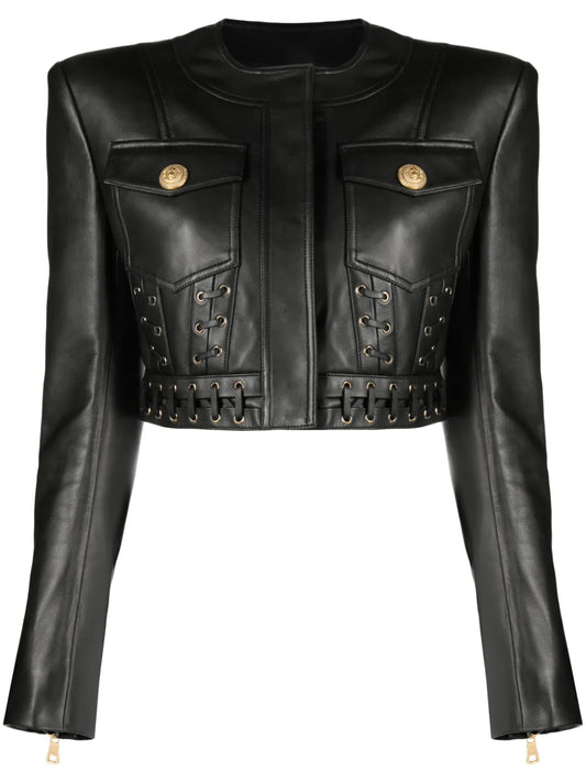 Eyelet-Embellished Cropped Leather Jacket