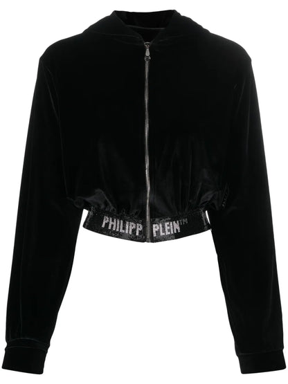 Logo-Embellishment Velour Hoodie