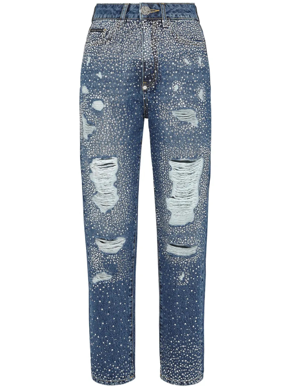 Crystal-Embellished Distressed-Denim Trousers