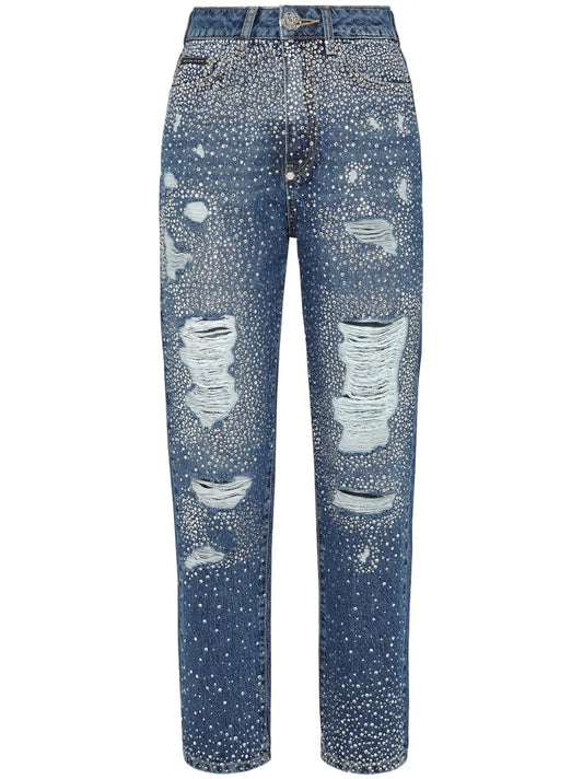 Crystal-Embellished Distressed-Denim Trousers
