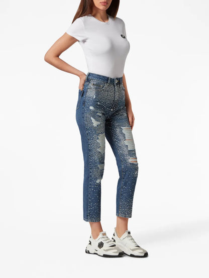 Crystal-Embellished Distressed-Denim Trousers