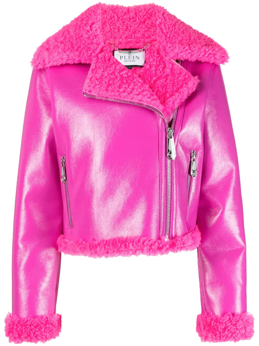 Faux Shearling-Trim Biker Jacket