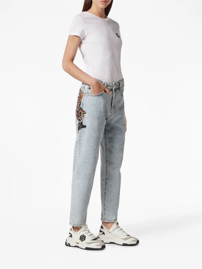 Appliqué-Detail Tapered Jeans