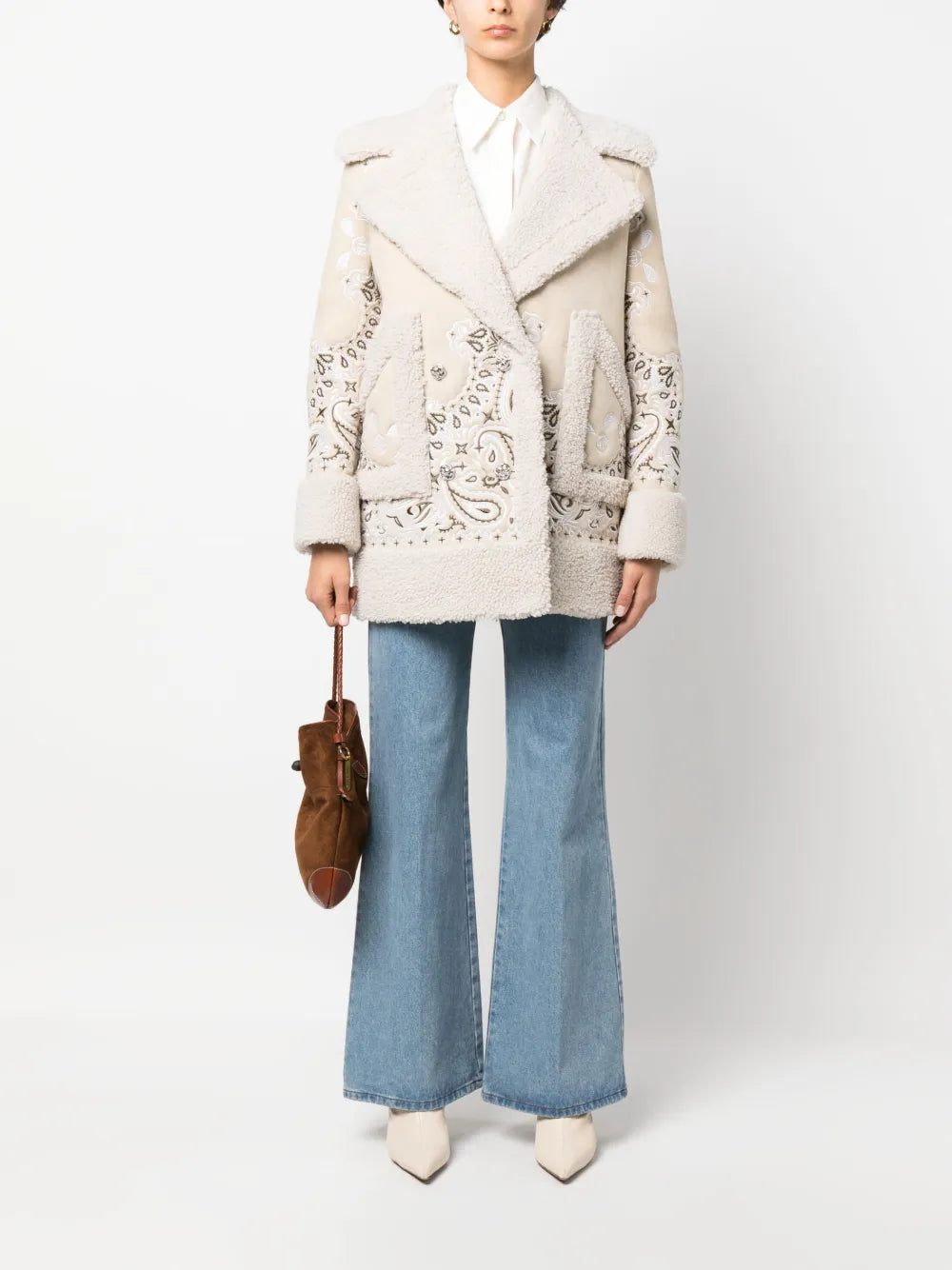 Embroidered-Paisley Shearling Coat