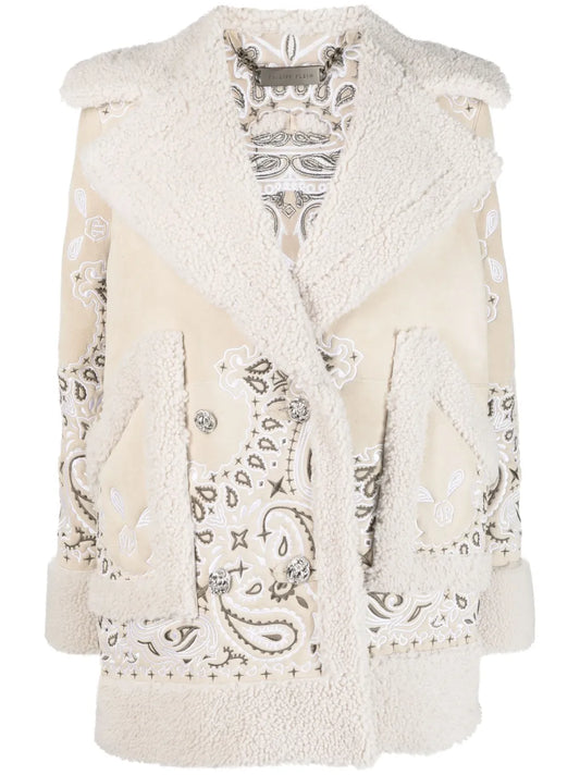 Embroidered-Paisley Shearling Coat
