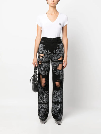 Ripped Paisley-Print Jeans