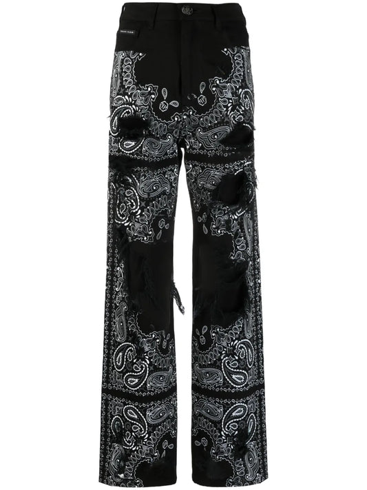 Ripped Paisley-Print Jeans