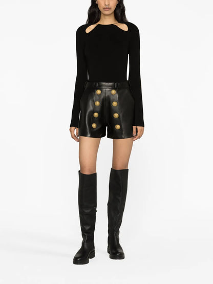 Button-Embellished Leather Shorts