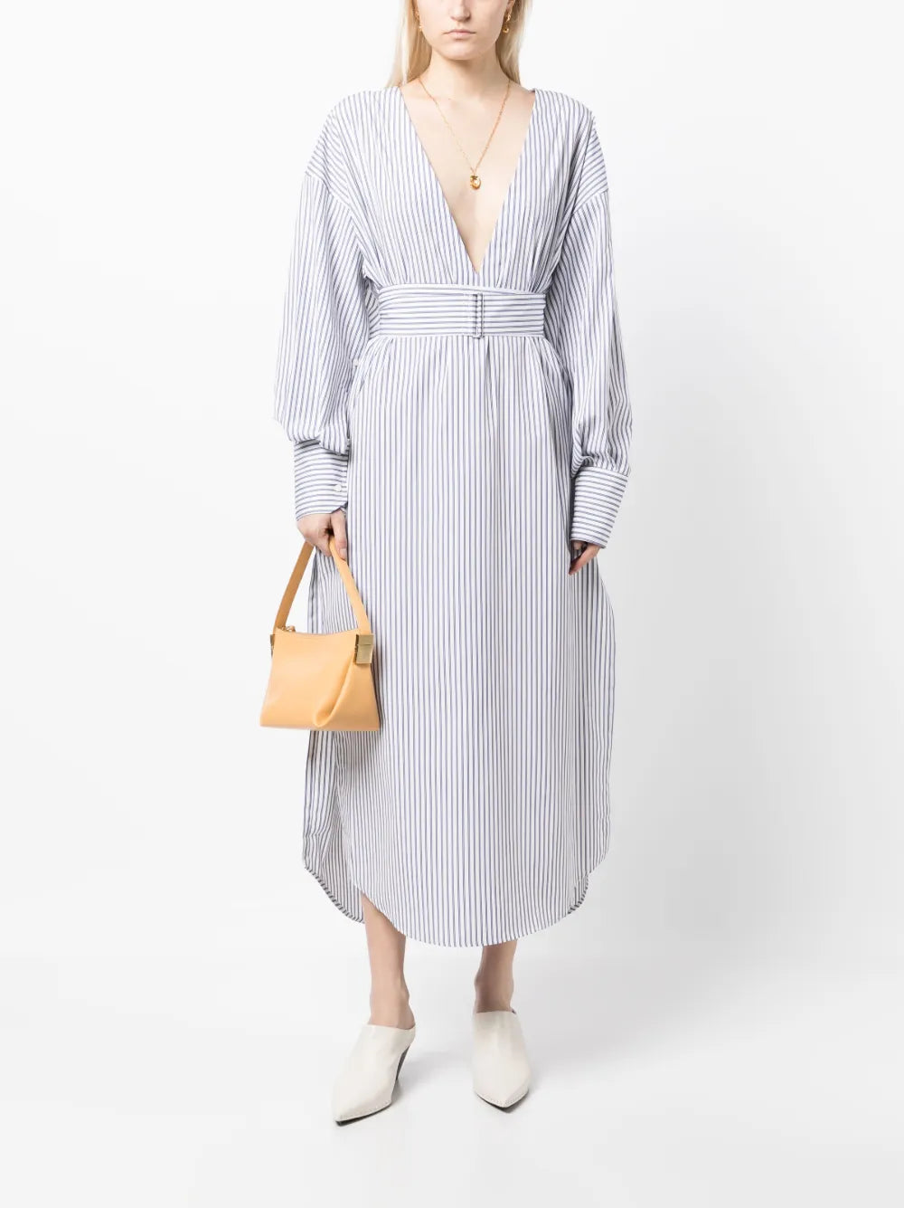 Stripe-Pattern Belted Shirt Dress