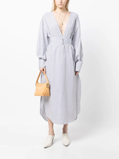 Stripe-Pattern Belted Shirt Dress