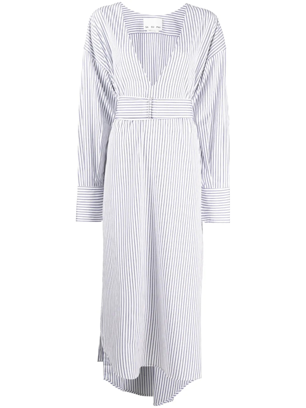 Stripe-Pattern Belted Shirt Dress