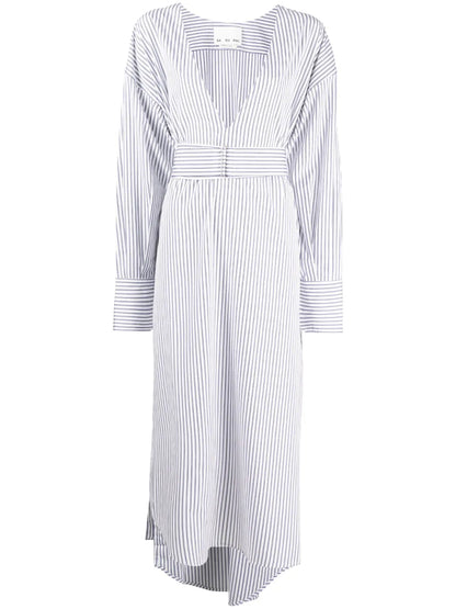 Stripe-Pattern Belted Shirt Dress