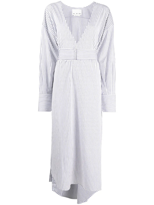 Stripe-Pattern Belted Shirt Dress
