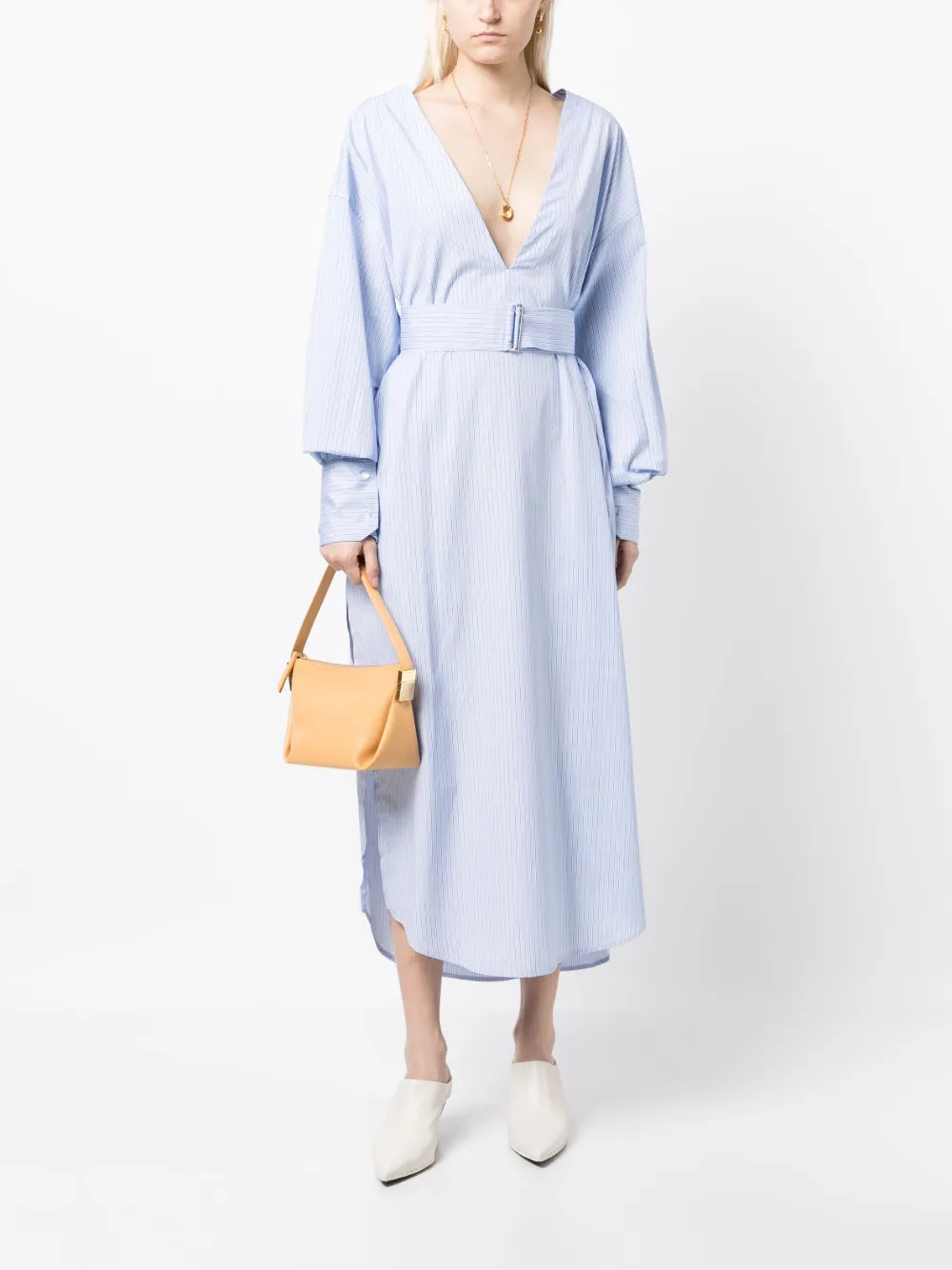 Stripe-Pattern Belted Shirt Dress