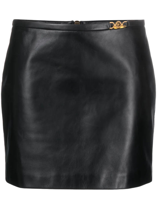Medusa-Embellished Leather Miniskirt