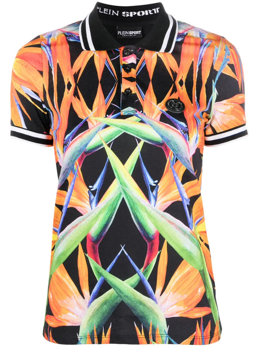 Floral-Print Cotton Polo Top