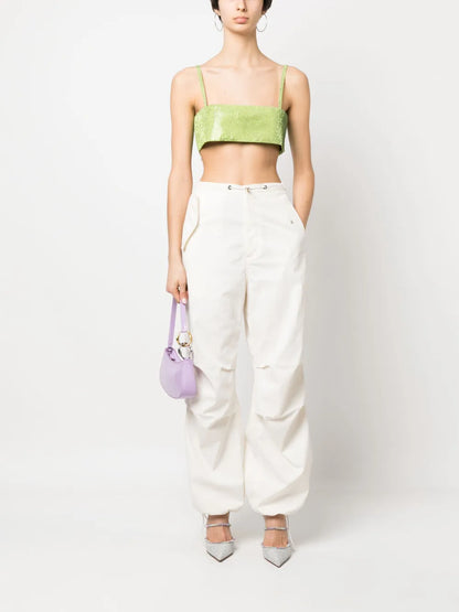 Rhinestone-Embellished Silk Crop Top