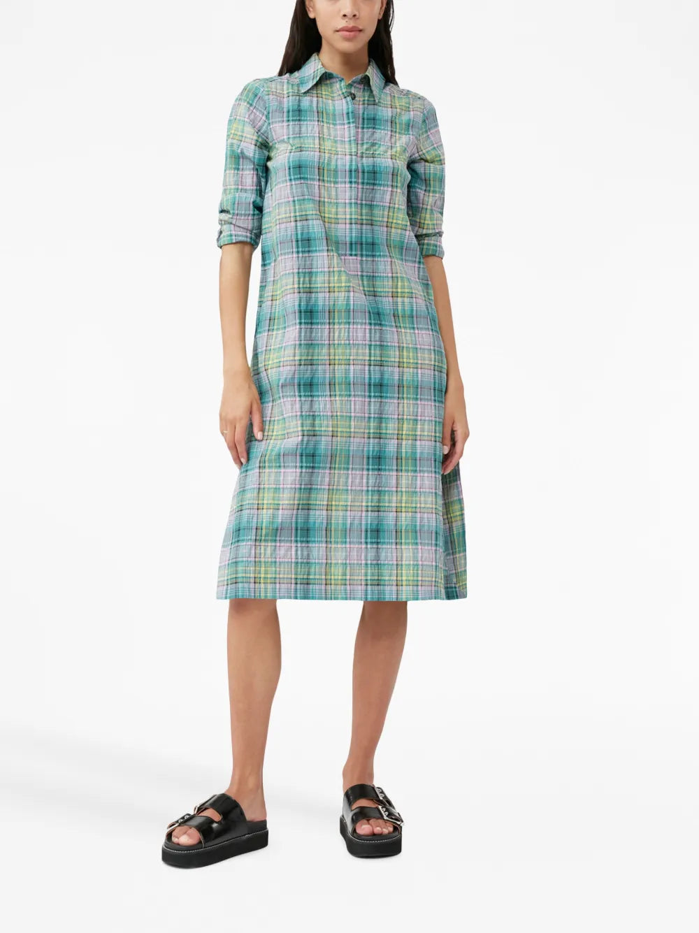 Check-Pattern Seersucker Shirt Dress