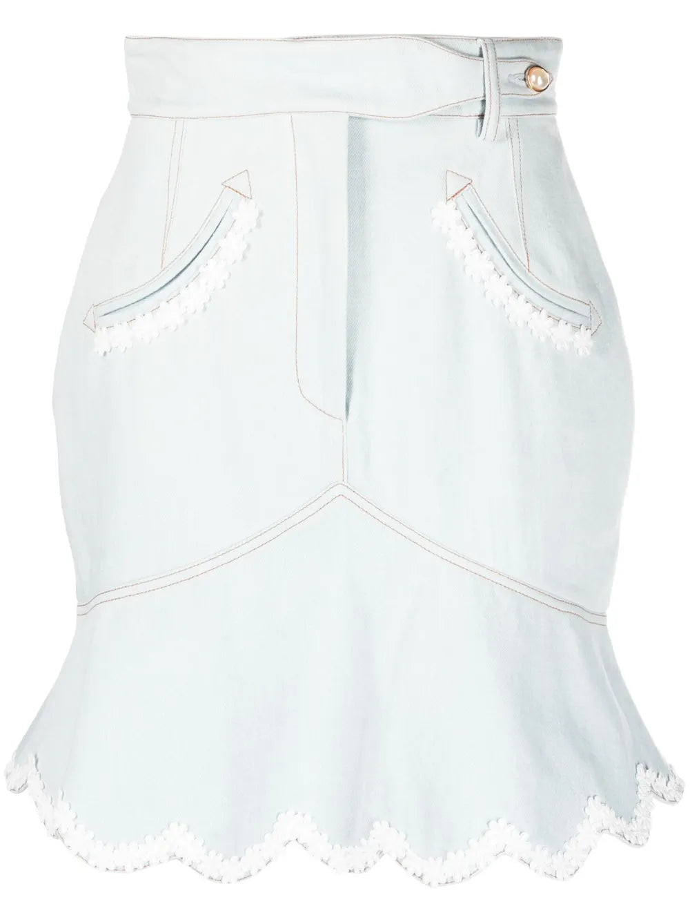 Floral-Embroidered Denim Peplum Skirt